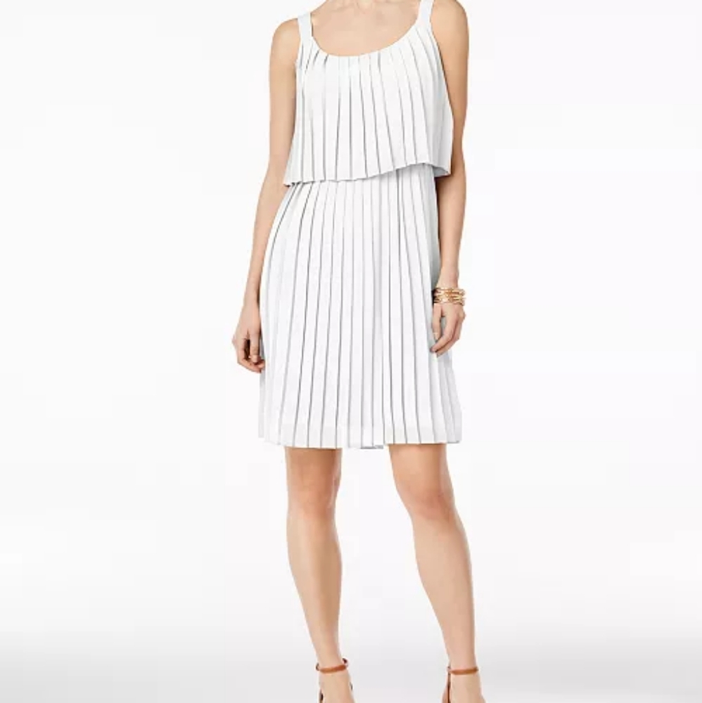 NY Collection Petite Pleated Popover Dress P/S Bright White NWT